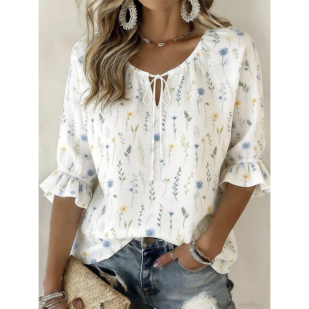 Women s White Ditsy Floral Print Tie Neck Blouse, Casual Loose Tops for Spring Summer Daily Wear & Vacation Occasions S
