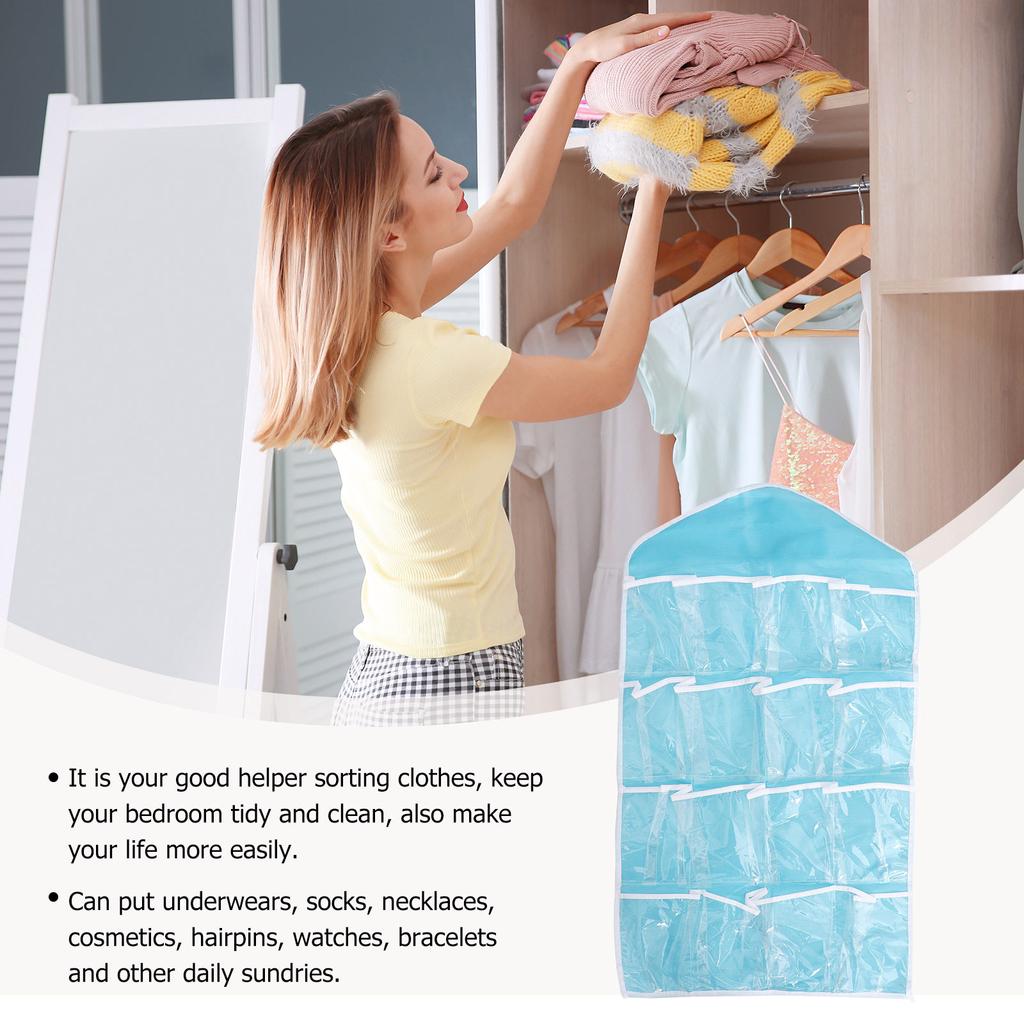 16 Grid Over Door Hanging Bag Clear Storage Organizer for Underwear Socks Bras Cosmetics Gadgets Jewelry Dust Damp Bacteria