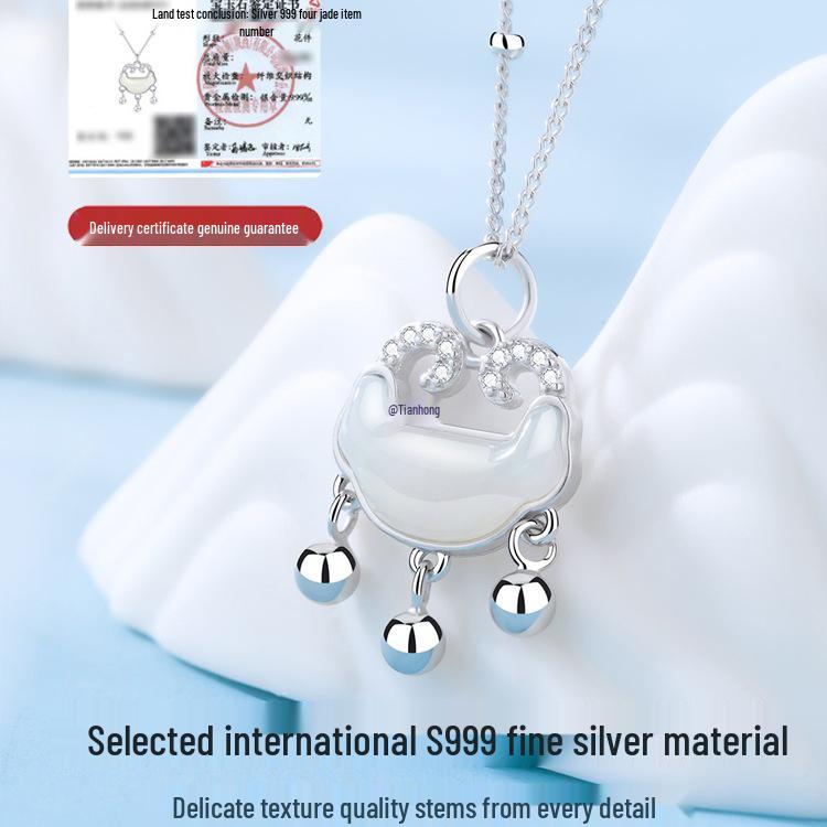 Hetian Jade Women's Necklace: 999 Sterling Silver Peace Lock Pendant, Versatile Clavicle Chain, Ideal Birthday Gift for Girlfriend