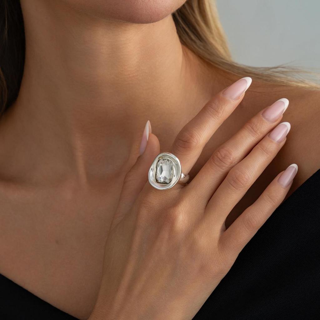 18K Silver Plated Irregular Gemstone Ring Set, Stainless Steel Block Shaped Fluid Shaped Ring, Women's Art Jewelry