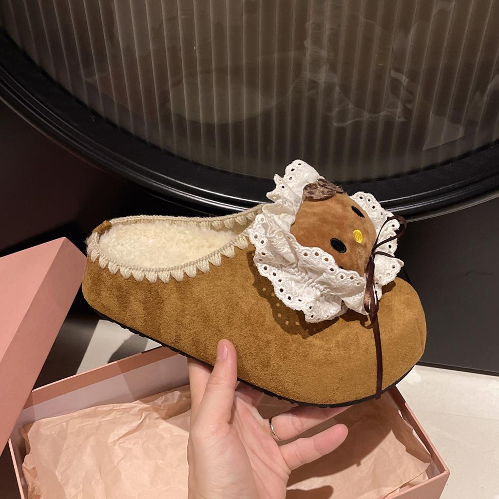 Suede Cute Cartoon Girl Flat-bottomed Slippers Summer and Autumn Kitten Casual Thick-soled One-pedal Bag Head Slippers Tide