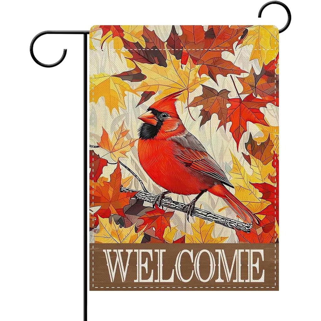 Welcome Fall Cardinal Decorative Garden Flag, Autumn Red Bird | Maple Leaves Yard Outside Home Decoration, Farmhouse Outdoor Small Decor Double-Sided