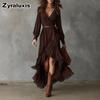 Bohemian Urlaubsstil V-Ausschnitt Spitzenbesatz Rüschen Mehrlagig Asymmetrisch Rock Stufenkleid