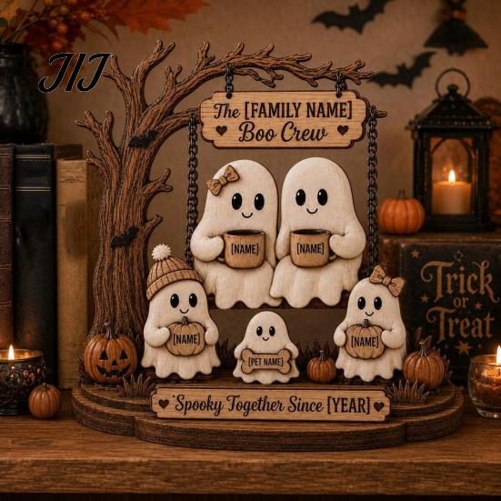 Gifts for Halloween Ghost Family Wooden Plaque, Pumpkin Couple Tabletop Sign, Decorative Plaques Farmhouse Home Ornament Tiered Tray Shelf Decor Theme