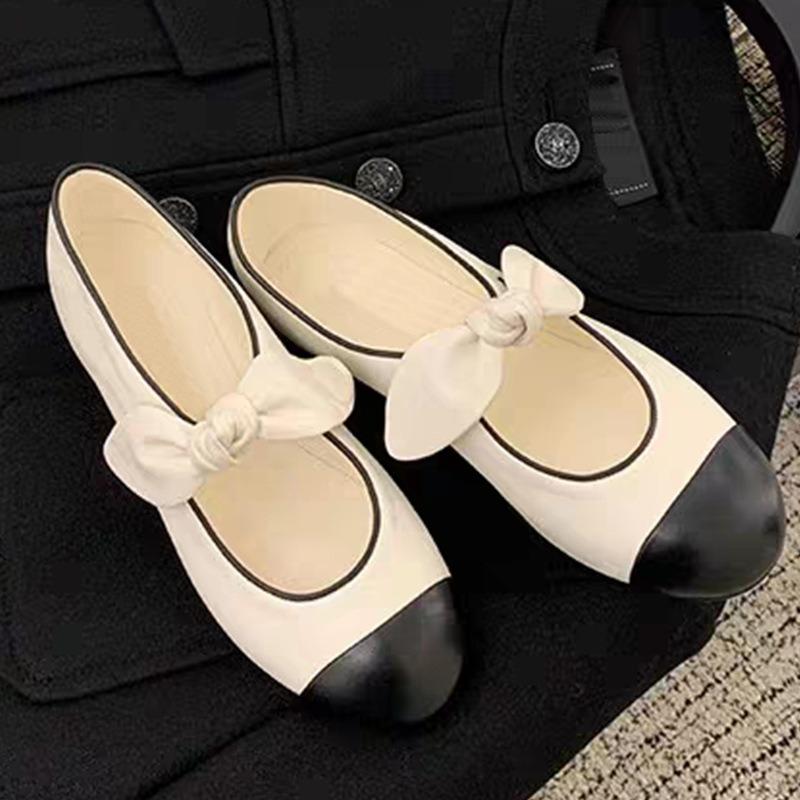 Spring New Ballet Shoes Women's Round Head Bow Pearl Mary Jane Shoes Metal Buckle Commuter Dating