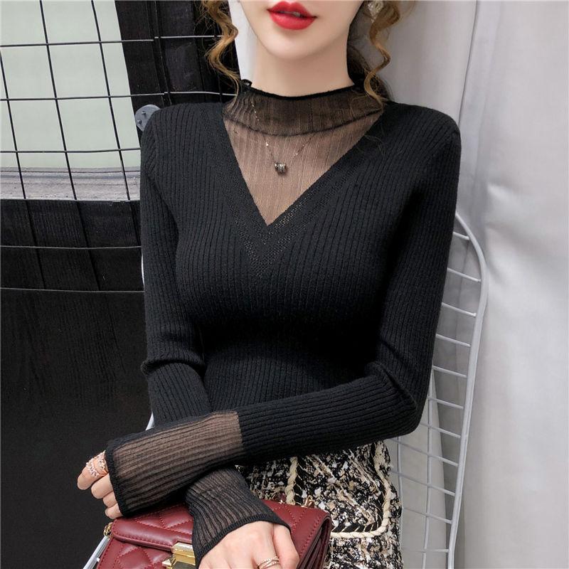 

Свитер с сетчатым ажурным узором и высоким воротом, осенне-зимний кружевной трикотажный свитер в стиле пэчворк, женский топ XL чёрный