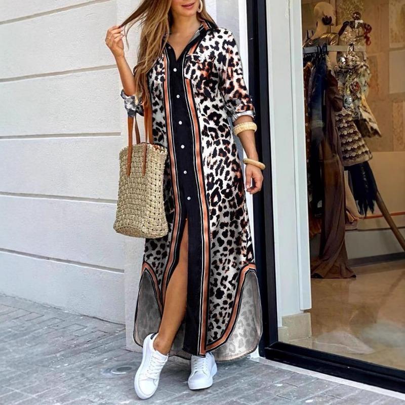 Women Casual Long Sleeve V Neck Shift Dress Loose Long Maxi Shirt Dress with Pocket
