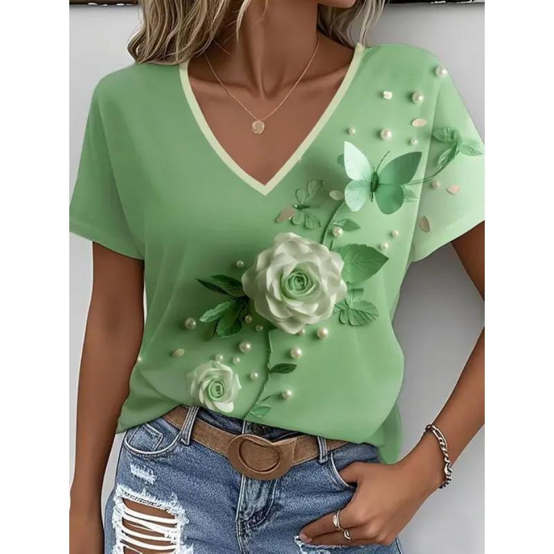 Summer New Women's T-shirt Fashionable Casual Versatile Plant Vacation Style 3D Printed V-neck Short Sleeved Top
