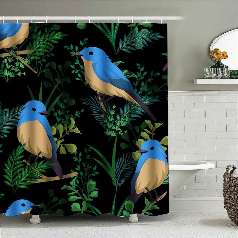 

Vibrant Blue Bird Bath Mat Shower Curtain Set with Leafy Green Pattern Perfect for Bathroom Decor! 90x180cm