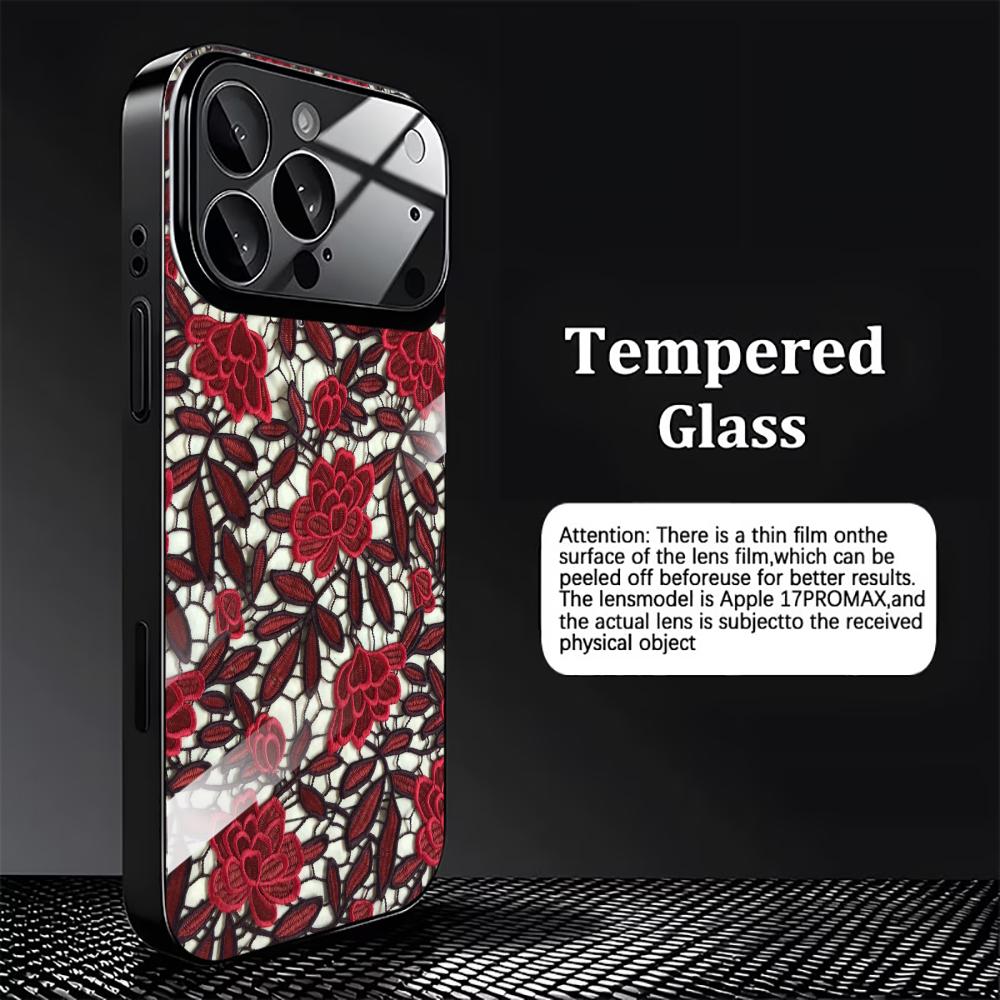 Red Floral Lace Pattern Glass phone case mobile phones for iphone 17 pro max cover for iPhone 17 16 15 14 13 12 11pm Pro Plus