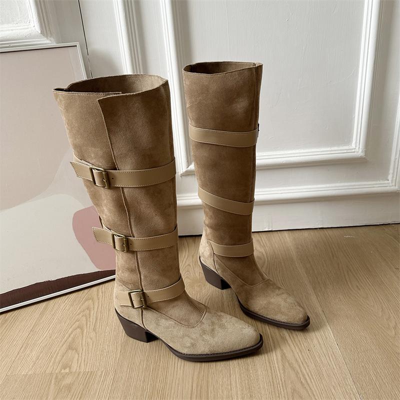 

Winter Belt Buckle Thick Heel Women Knight High Boots Sexy Pointed Toe Stripper Party Shoes Female Vintage Long Booties 35