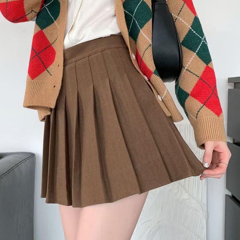 Damen Wollrock mit hohem Bund, Faltenrock in A-Linie - College-Stil, schlankmachender Rock für Herbst/Winter