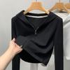 Reißverschluss Kapuzenpullover Damen grauer Kragen Langarm Kurz Freizeitjacke, Damenbekleidung