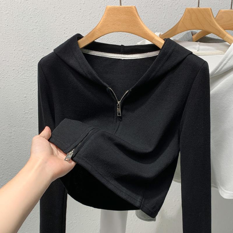 Reißverschluss Kapuzenpullover Damen grauer Kragen Langarm Kurz Freizeitjacke, Damenbekleidung