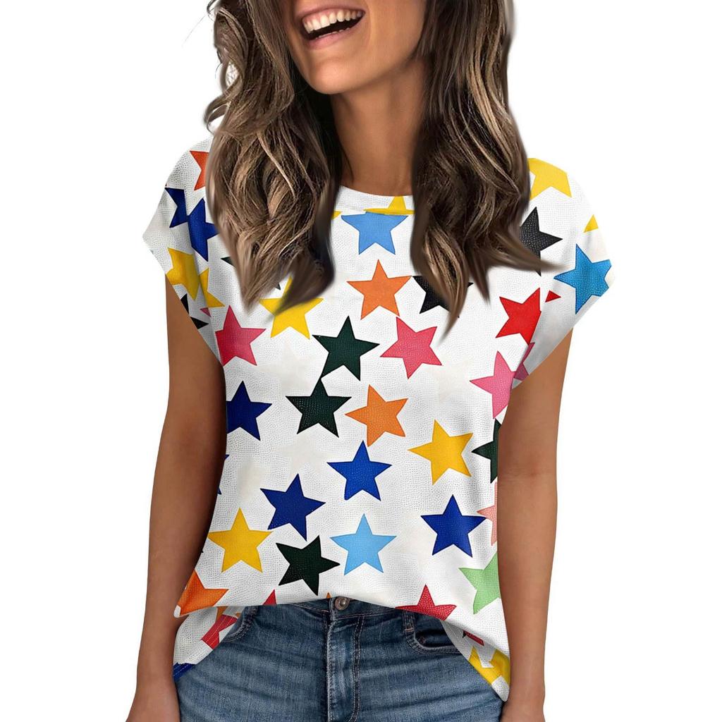 Women's Round Neck Short Sleeve Mid-Length T-Shirt Loose Casual Independence Day Printed Short Sleeve T-Shirt Top