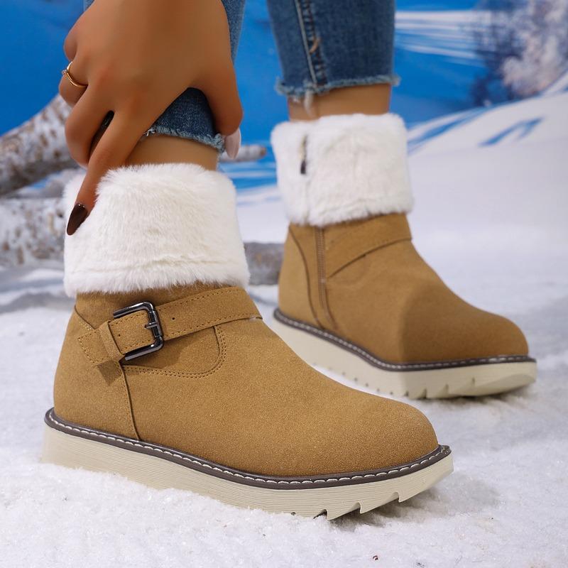 Snow boots women's winter wish cotton shoes new belt buckle warm large size velvet side zipper