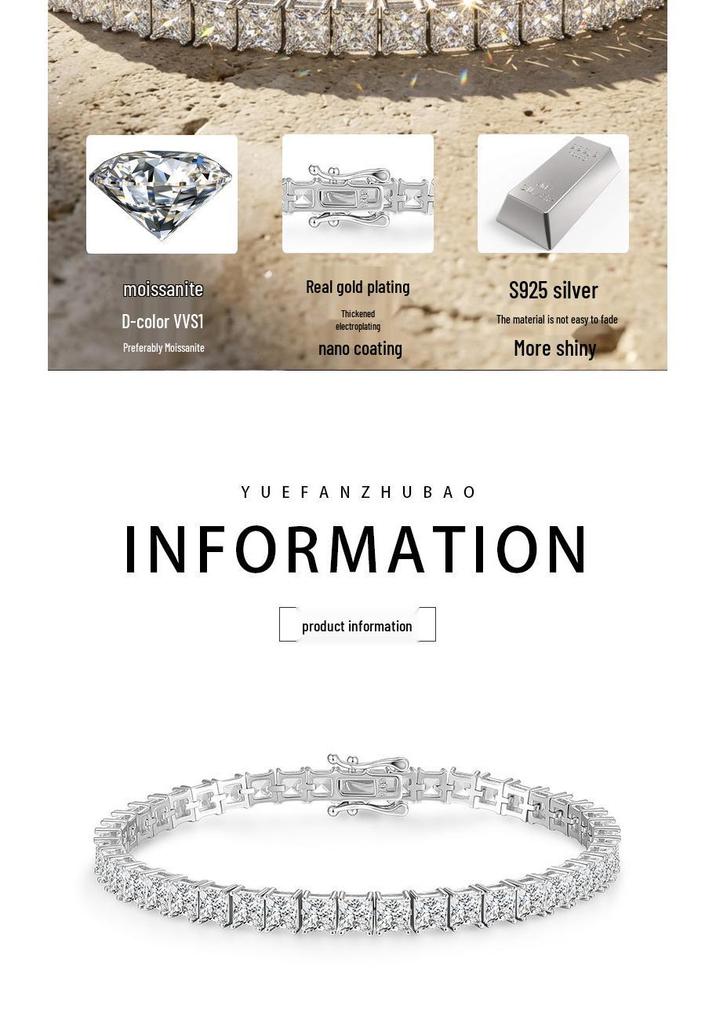 Dazzling 4mm Princess Cut Moissanite & S925 Sterling Silver Hip Hop Bracelet
