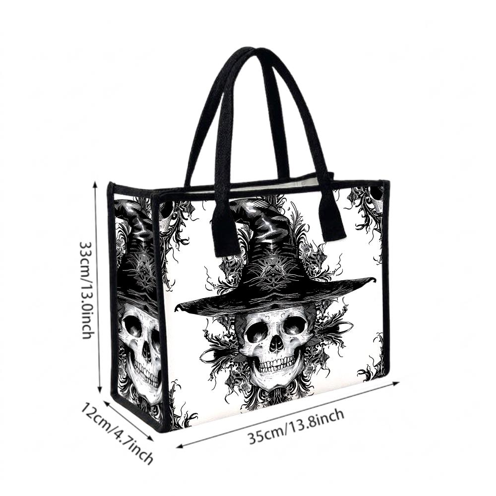Gothic Witch Skull Pattern Tote Bag Halloween Style Portable Shoulder Handbag for Daily Use