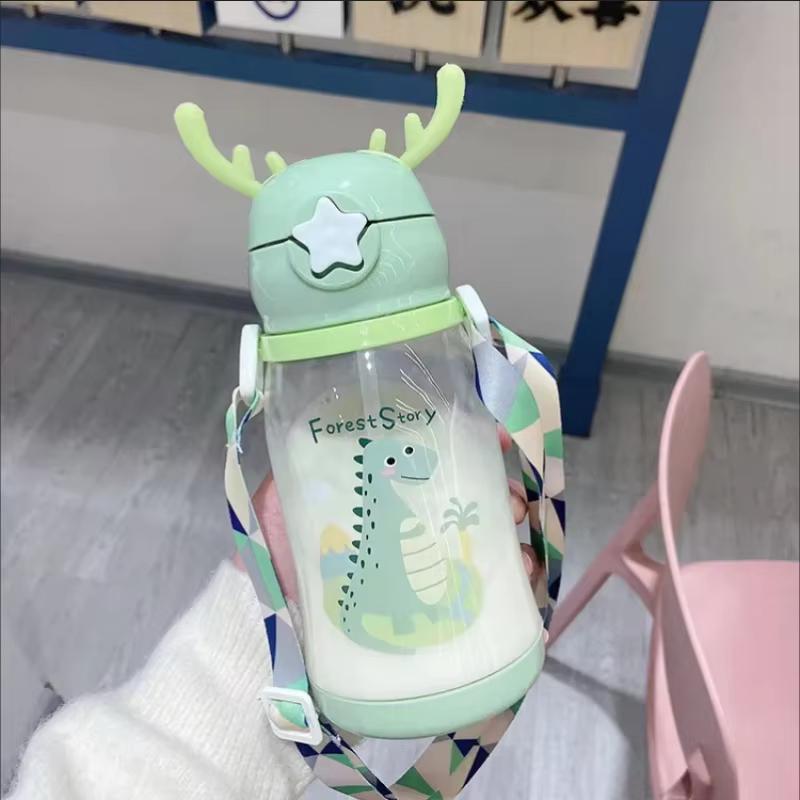 580MLCute Cartoon Water Bottle Flip Top Portable Straw Water Cup With Strap For Outdoor Sports Fitness Camping Kids Gifts