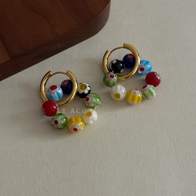 Colorful Flower Glazed Bead Gold Earrings Niche Retro Lively Atmosphere Sweet Cool Girl Colored Fashion Earrings
