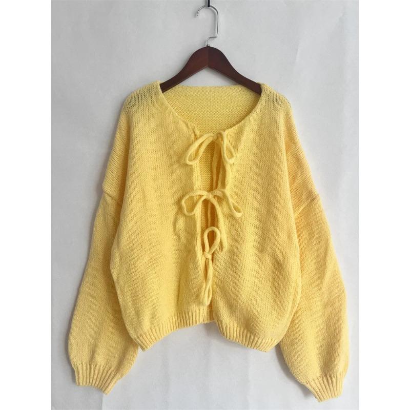 Solid Color O-neck Lace-up Knitted Cardigan Women Autumn Winter Streetwear Casual Simplicity Sweater Coats
