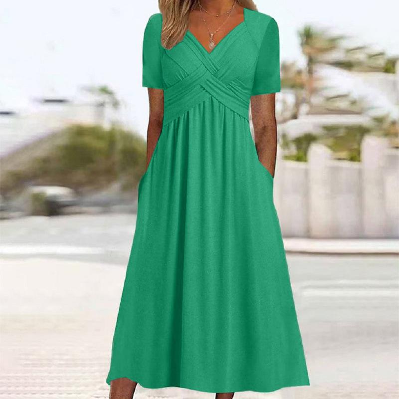 Women's V Neck Short Sleeve Maxi Dress Loose Fit High Waist Casual Summer Long Dress