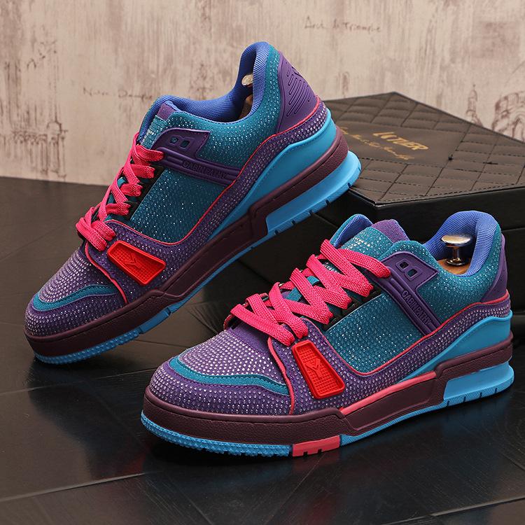 Low Cut Trendy Shoes Men's Rhinestone Fashion Trend Board Shoes Personalized Color Blocking Korean Version Full Diamond Casual Shoes Lightweight