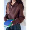 Design Sense Half-turtleneck Ladies Zipper Red Sweater, Spring and Autumn New High-waisted Sweater Loose and Thickened 6974#