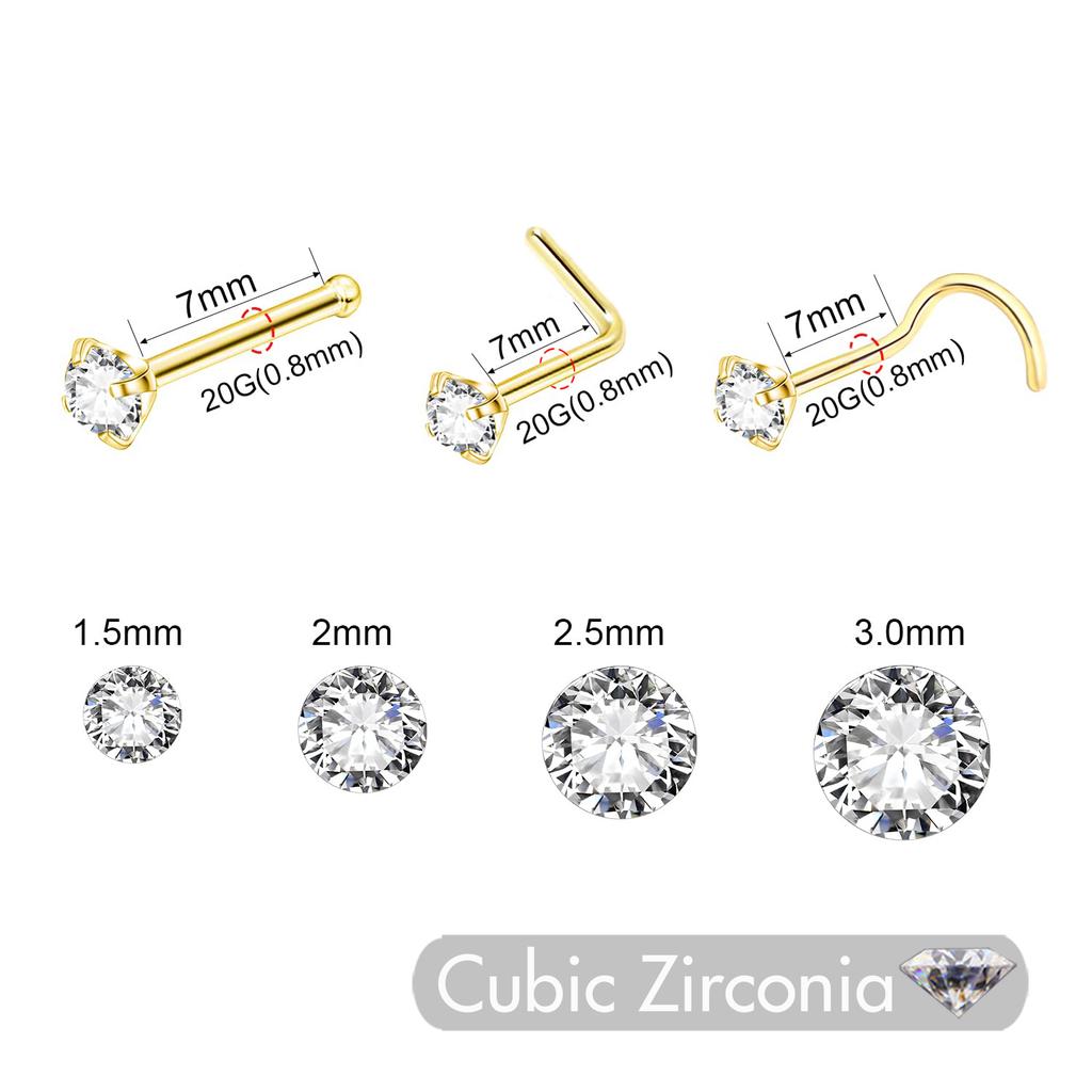5Pcs CZ Gem Stainless Steel Nose Piercing Stud Crystal Nariz Body Jewelry S L Bone Shape Nostril Rings for Women Girl 20g 0.8mm