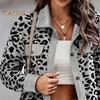 Women Spring Fall Coat Fake Chest Pocket Turn-down Collar Single-breasted Leopard Print Long Sleeves Mid Length Daily Wear Jacket