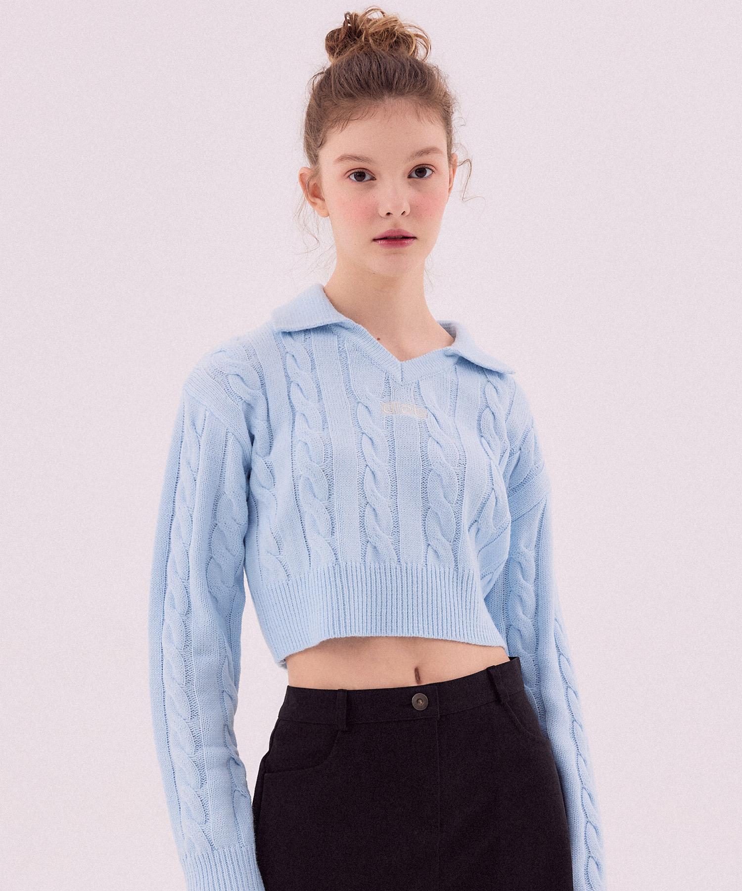 Deliscent Crop Cable Collar Knit [Sky Blue] Sky Blue/Free
