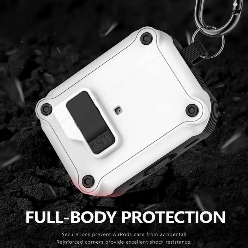 AirPods 3 Case, Shockproof Armor Shell for Third Generation Apple Wireless Bluetooth Earphones, Anti-Loss Smart Opening Clasp with Hook, Black