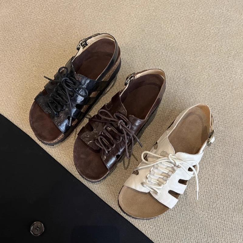 4 heightening new hollow lace-up leather shoes for women to wear retro round head versatile thick-soled beach sandals