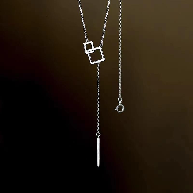 Trendy Geometric Square Tassel Long Necklace in Electroplated Sterling Silver