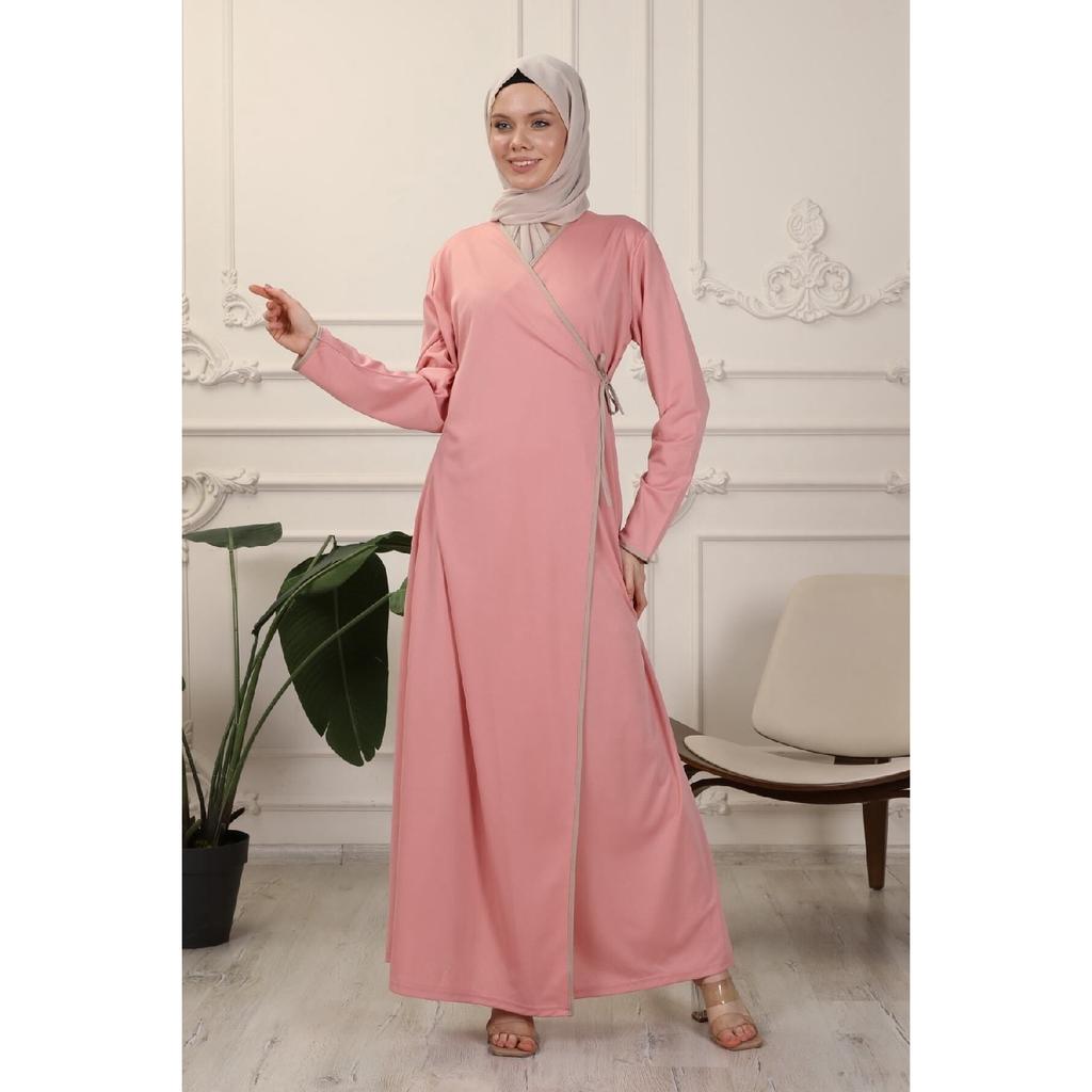 Black Double Breasted Neck Piping Flexible Interlock Fabric Prayer Dress