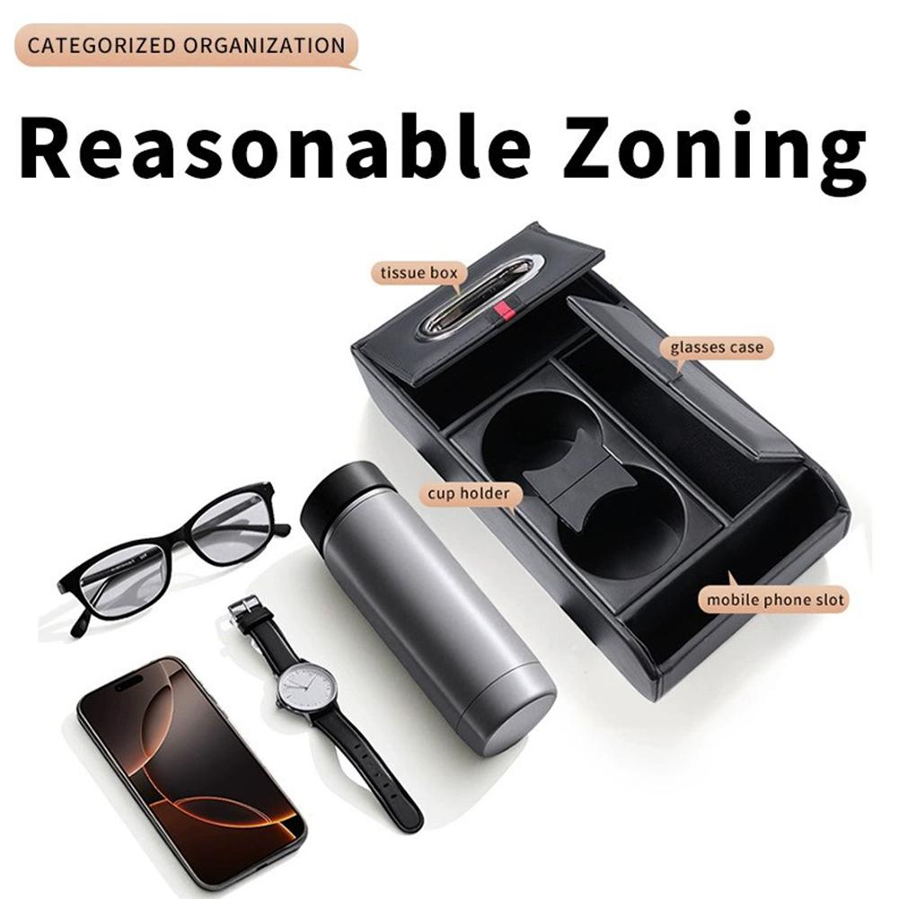 1pcs Car Center Armrest Storage Box Console Organizer With Build In Tissue Dispenser Cup Holders Non Slip Phone Tray Accessories