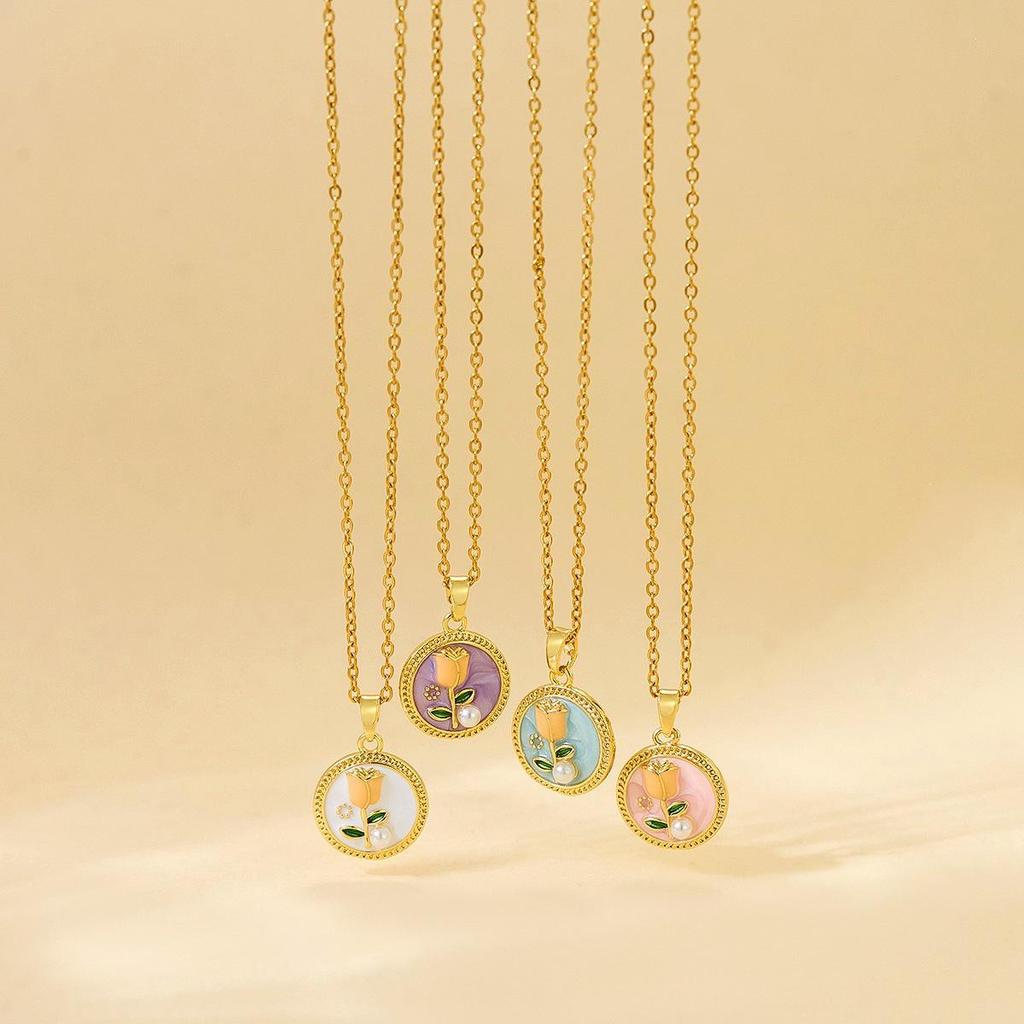 French Retro Enamel Imitation Pearl Pendant Necklace for Women