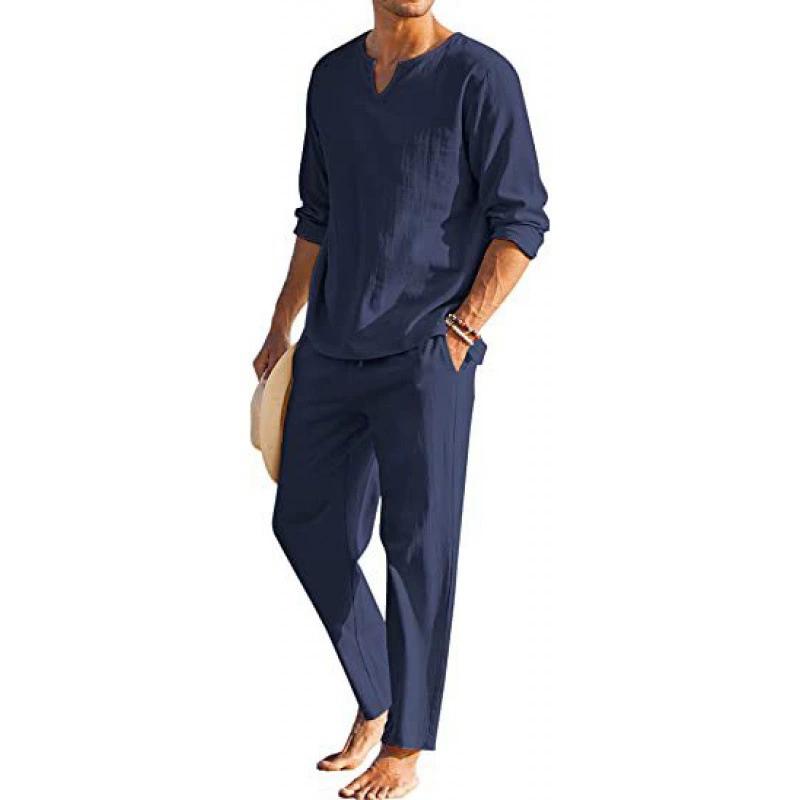 Traje de Moda Deportiva Casual de Tendencia para Hombre de Primavera y Otoño, Explosivo, de Color Sólido, Cuello en V, Camisa y Pantalón