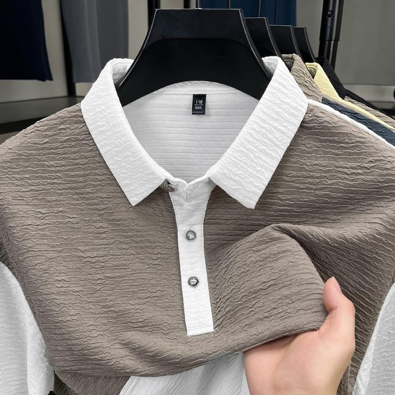 Classic Short-Sleeved T-Shirt Men'S High-End Breathable Non-Ironing Pullover Splicing Contrasting Color Lapel Half-Sleeved Polo Shirt