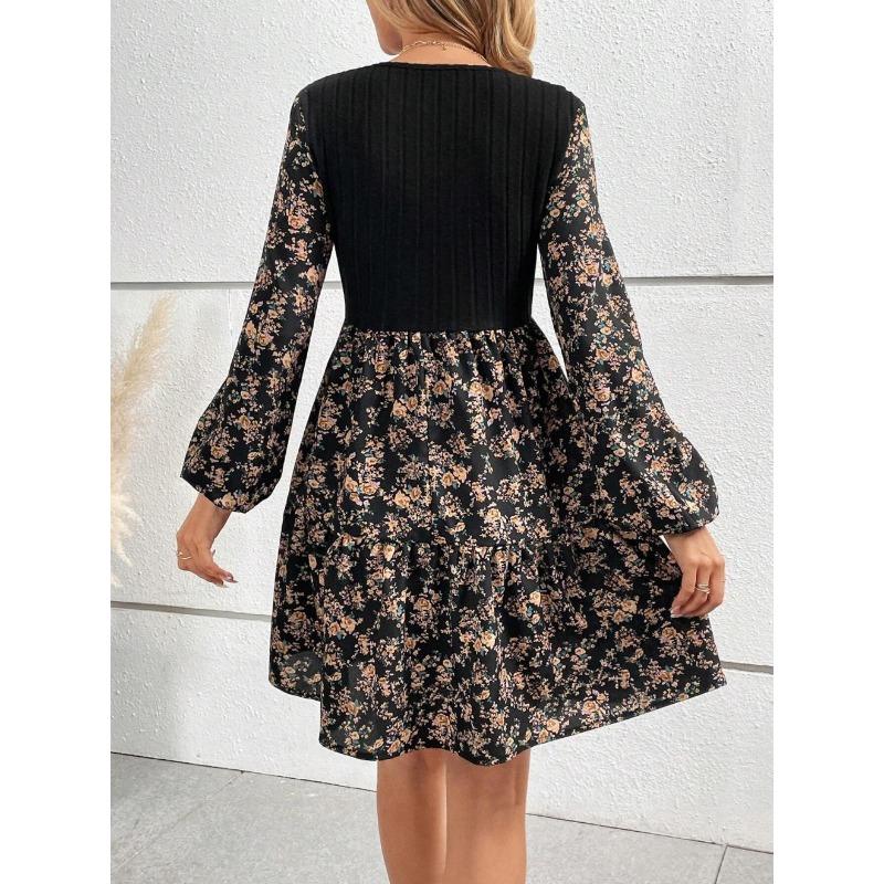Women Floral Print Long Sleeve Mini Dress Round Neck A Line Casual Fall Dress