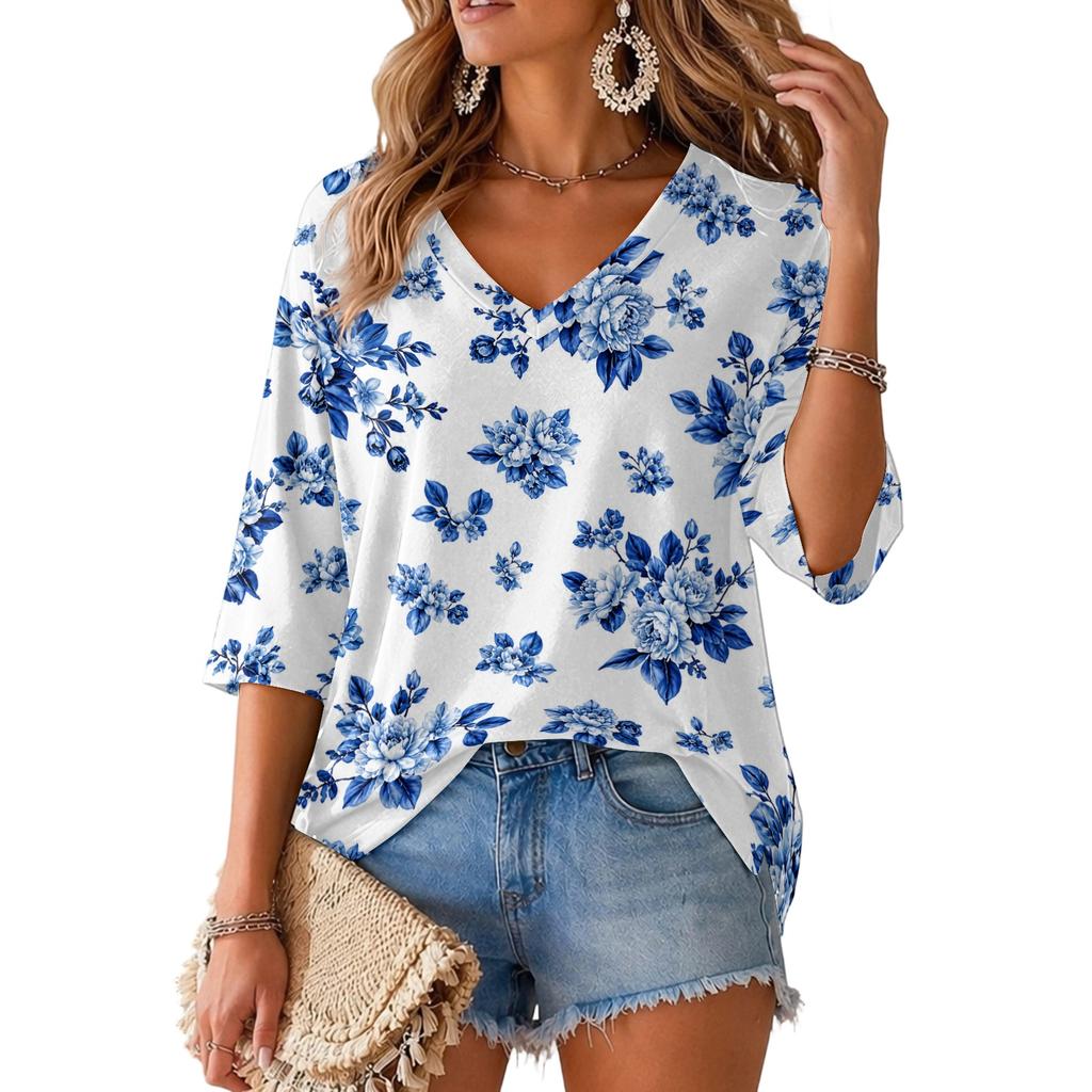Women's V-Neck Retro Floral Print Lightweight Blouse for Spring and Summer