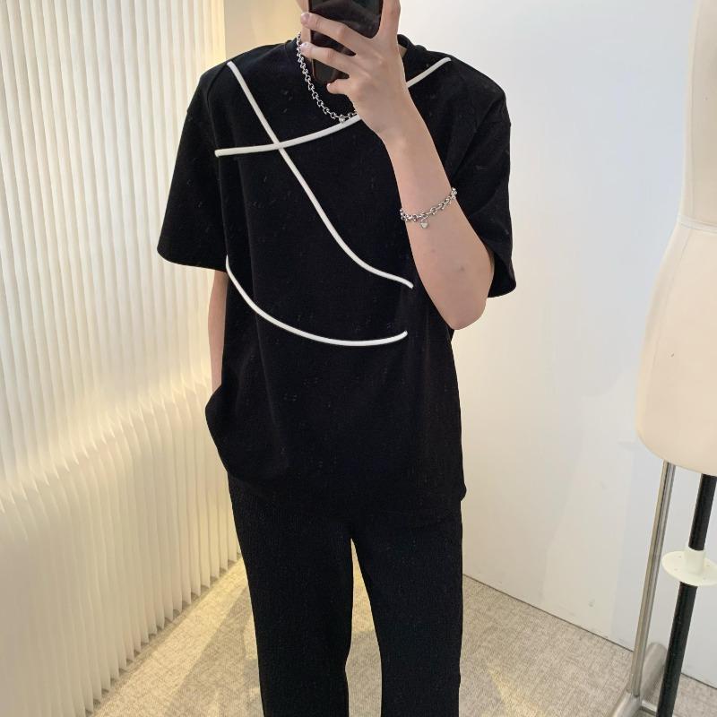 

Летняя мужская корейская мода Дизайнерская шикарная базовая футболка на кулиске Круглый вырез Короткий рукав Свободные топы XXL чёрный