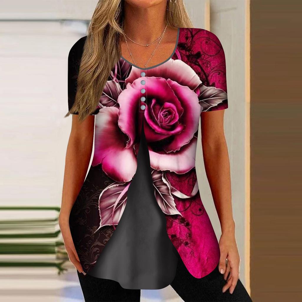 Shirts For Women Short Sleeve Tops Dressy Summer Casual Printed V-neck Irregular Hem Blouses Tees