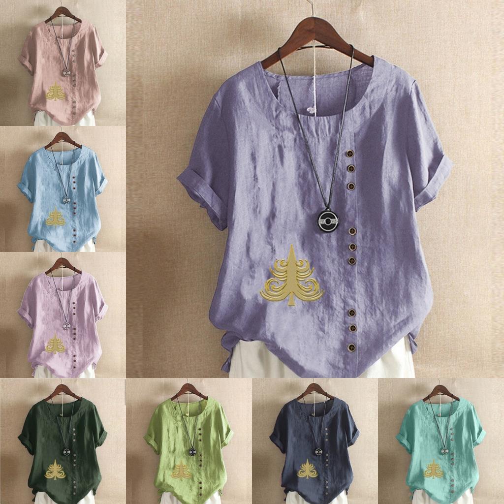 Women's Fashion Round Neck Short Sleeve T-shirt Casual Cotton Linen Graphic Shirt Leisure Loose Christmas Tree Prined Summer Blouse Tops