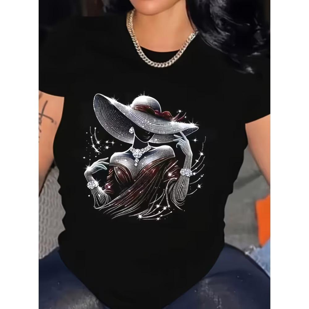 Elegant Pearl Lady Graphic T-Shirt Women’s Casual Crew Neck Short Sleeve Luxury Art Print Top