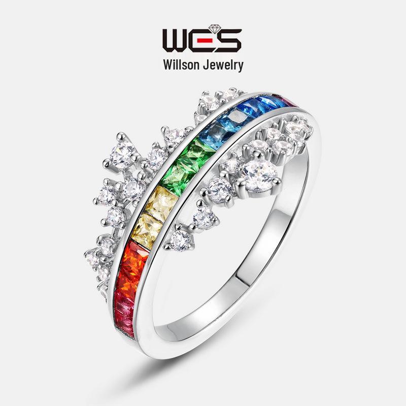 S925 Silver Rainbow Zircon Ring with Colorful Gemstones, European and American Style