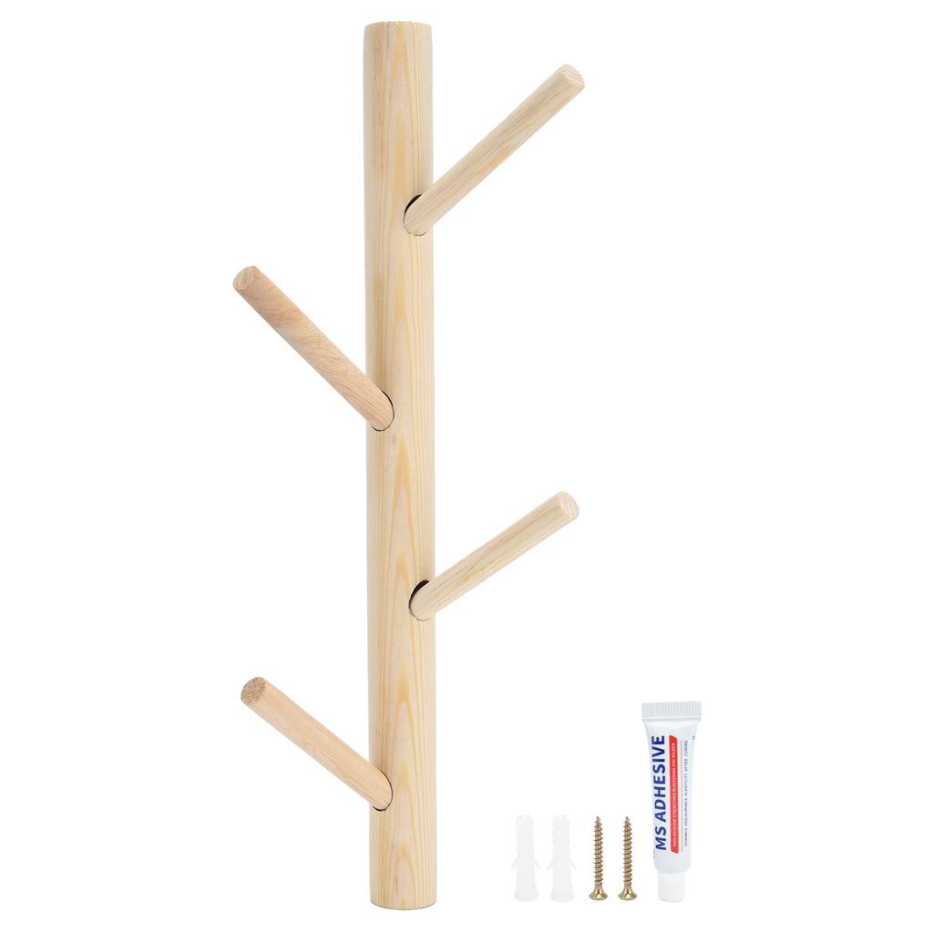 Punch Free Wall Mounted Coat Rack Towel Hanger Tree Branch Shaped Hat Rack for Living Room(Wood