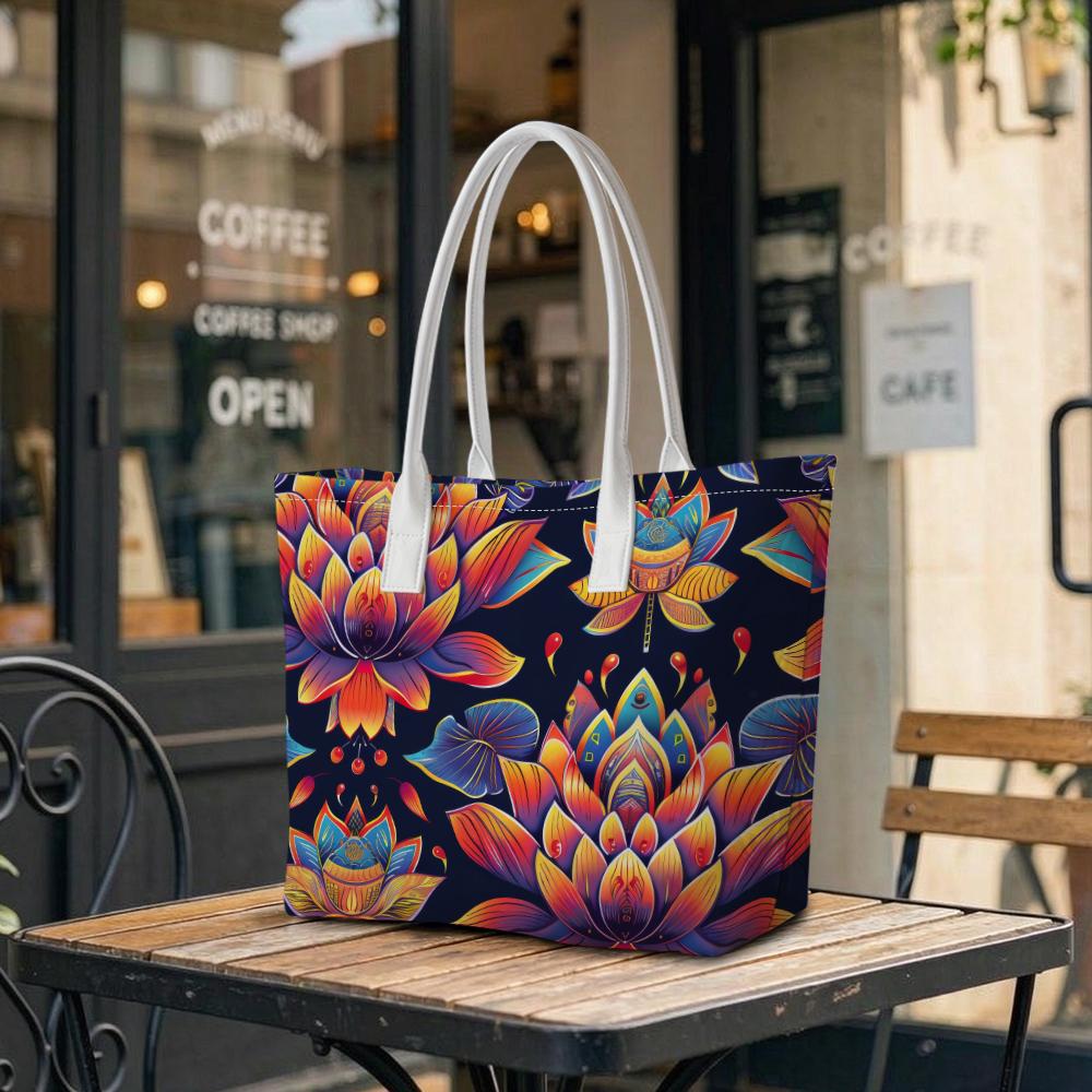 Vibrant Lotus Pattern Tote Bag Casual Daily Shoulder Bag for Shopping Outdoor Use