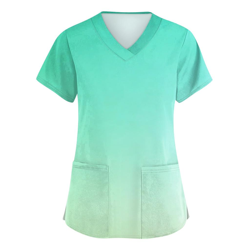 Women's fashionable V-neck short-sleeved pocket protective work uniform with printed design