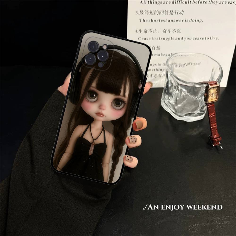 Japanese Korean Retro Doll Dark Baby For IPhone 17 16 15 14 13 12 11 Pro Max Plus Shockproof Black Soft Phone Cover